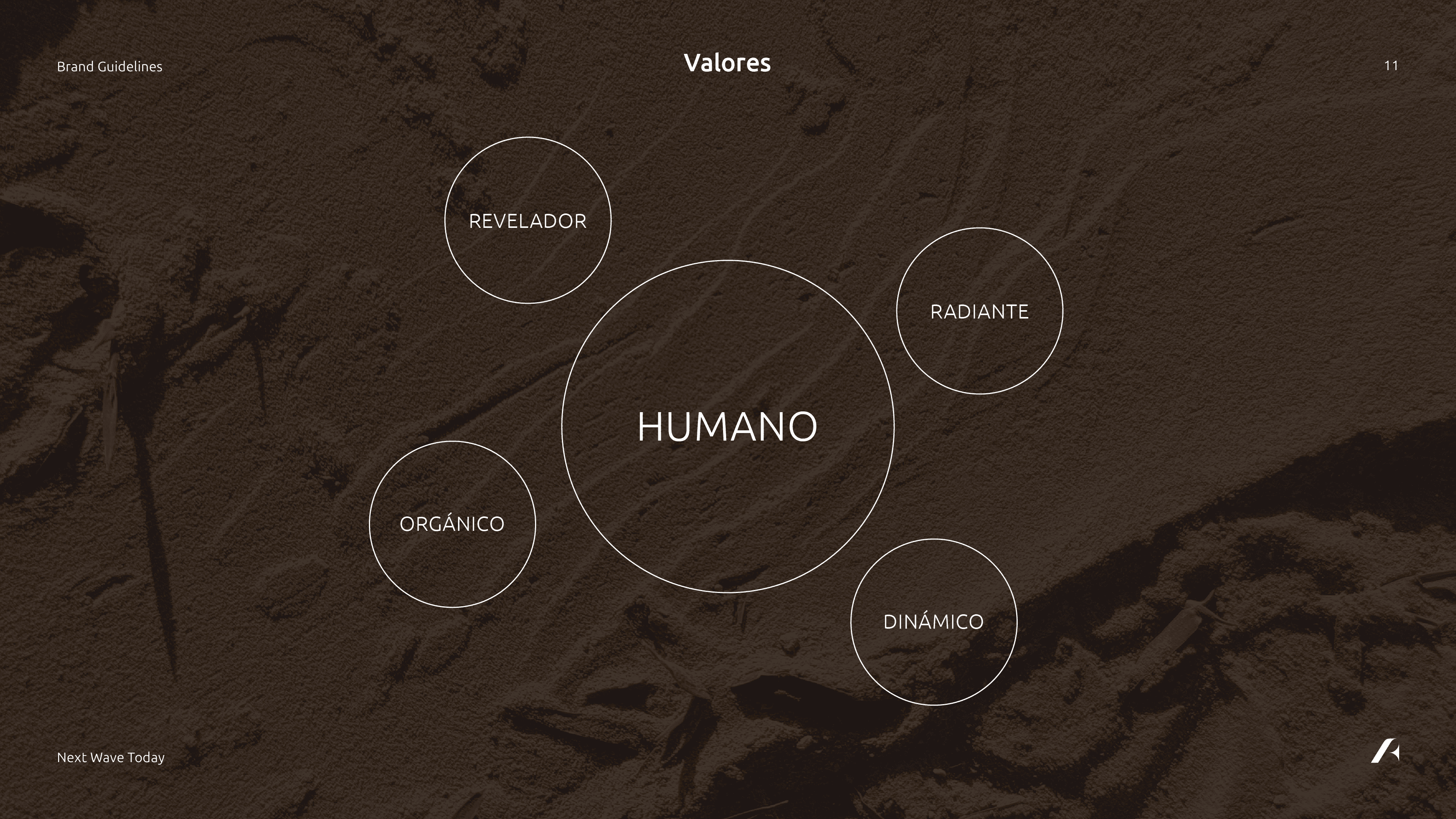 Circular diagram of brand values with 'HUMANO' at the center